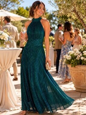 Betsy & Adam Stela Halter Mock Neck Crinkle Faux Wrap Gown In Jade Size 4. NWOT